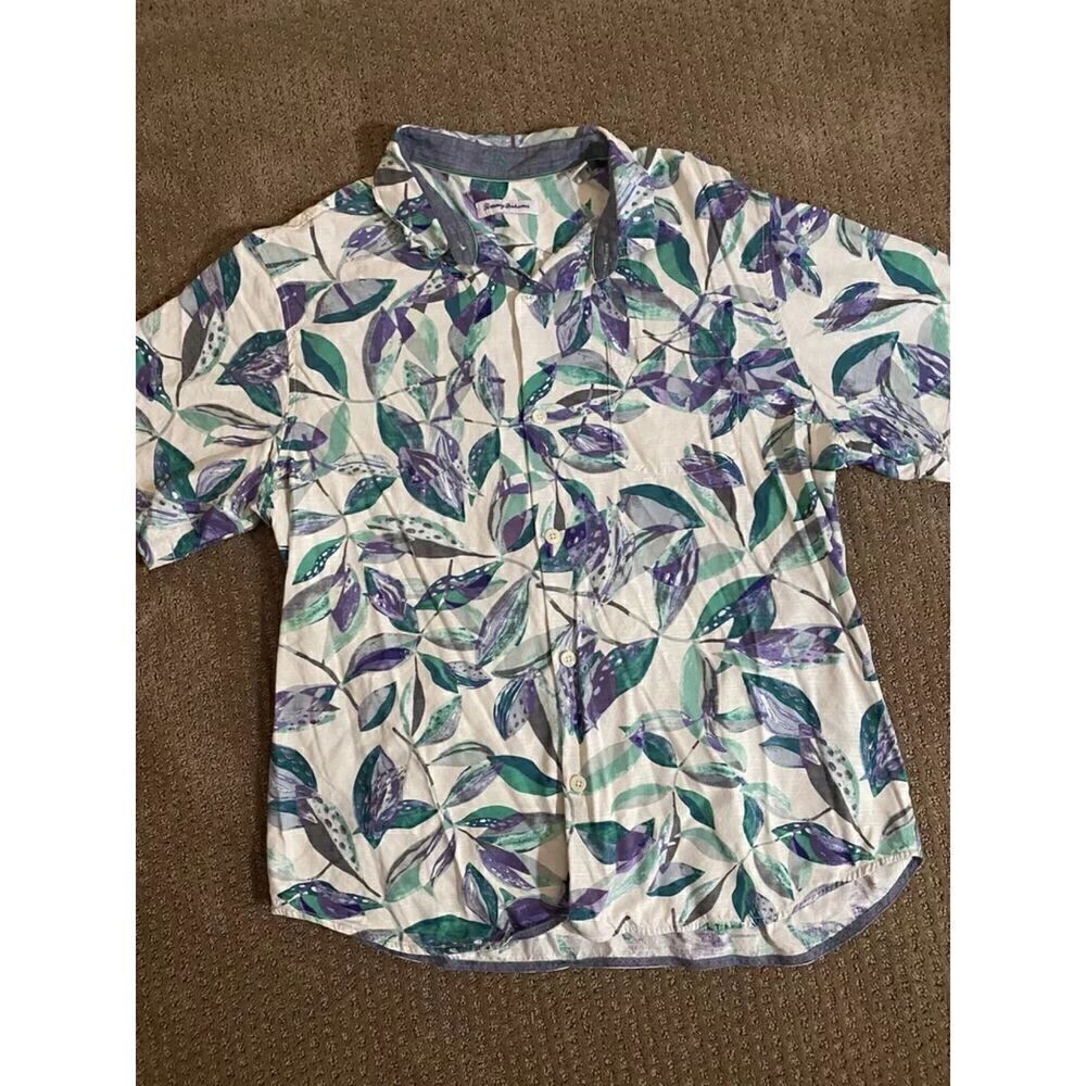 Tommy Bahama White Short-Sleeve Button-Up with Green and Purple Leaf Print